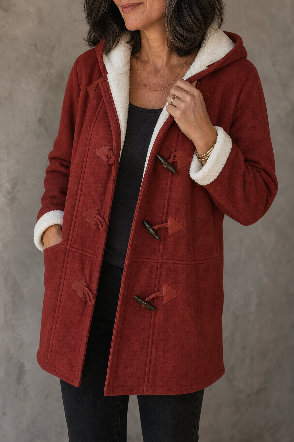 Hooded Faux Suede Coat With Plush Lining
