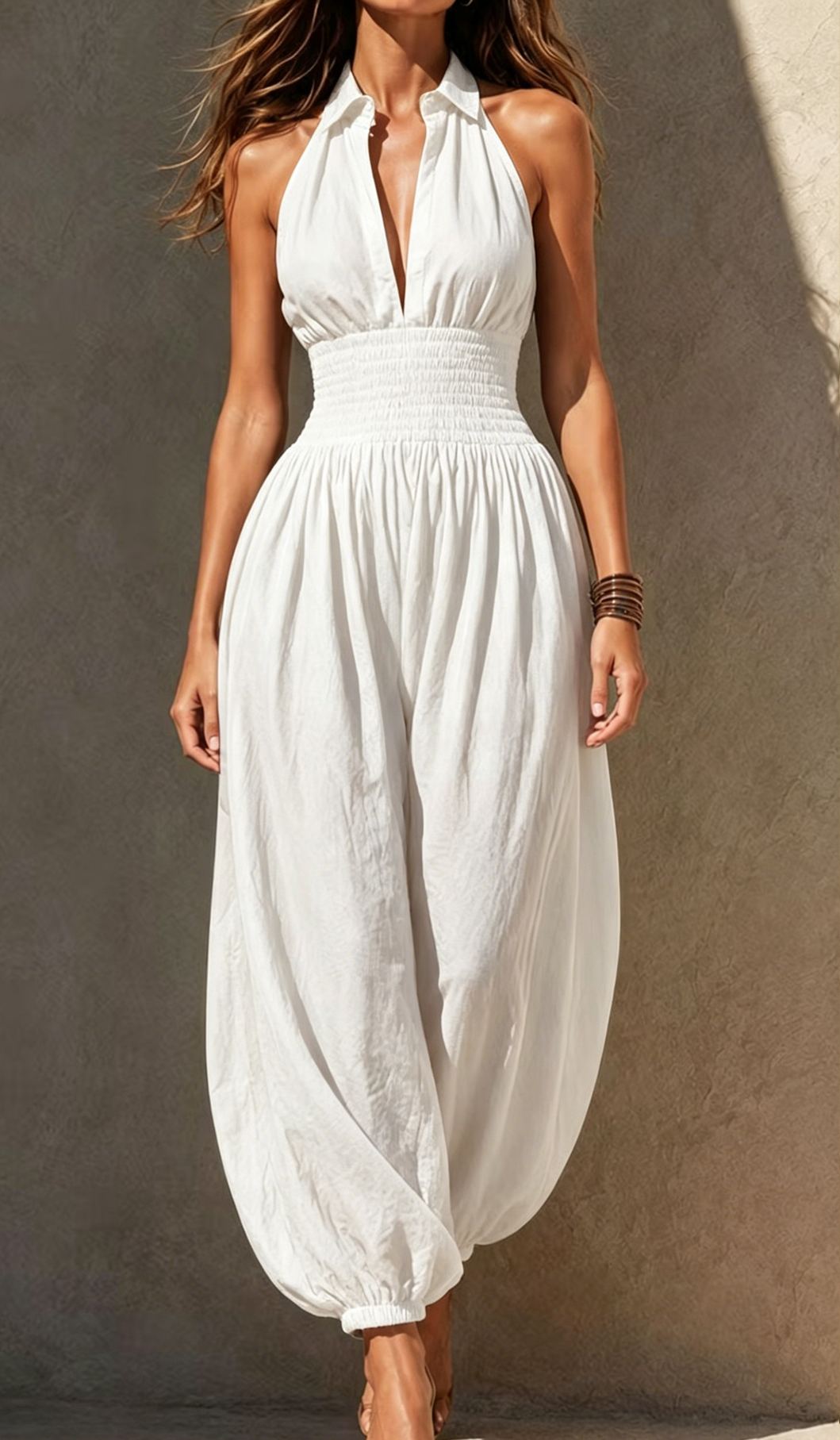 Boho Black Cotton Blend Smocked Waist Halter Balloon-Leg Jumpsuit