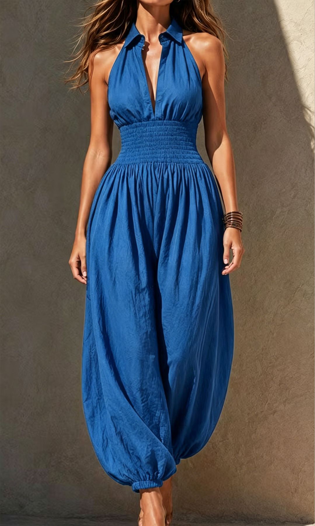 Boho Black Cotton Blend Smocked Waist Halter Balloon-Leg Jumpsuit