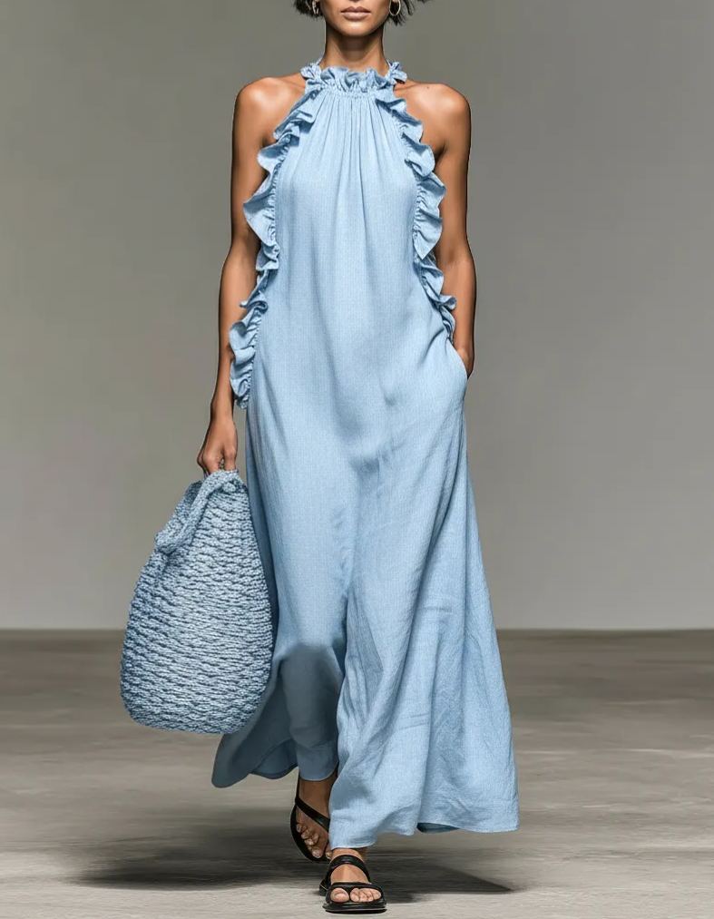 Women's Minimalist Linen-blend Sleeveless Maxi Dress With Ruffle Details