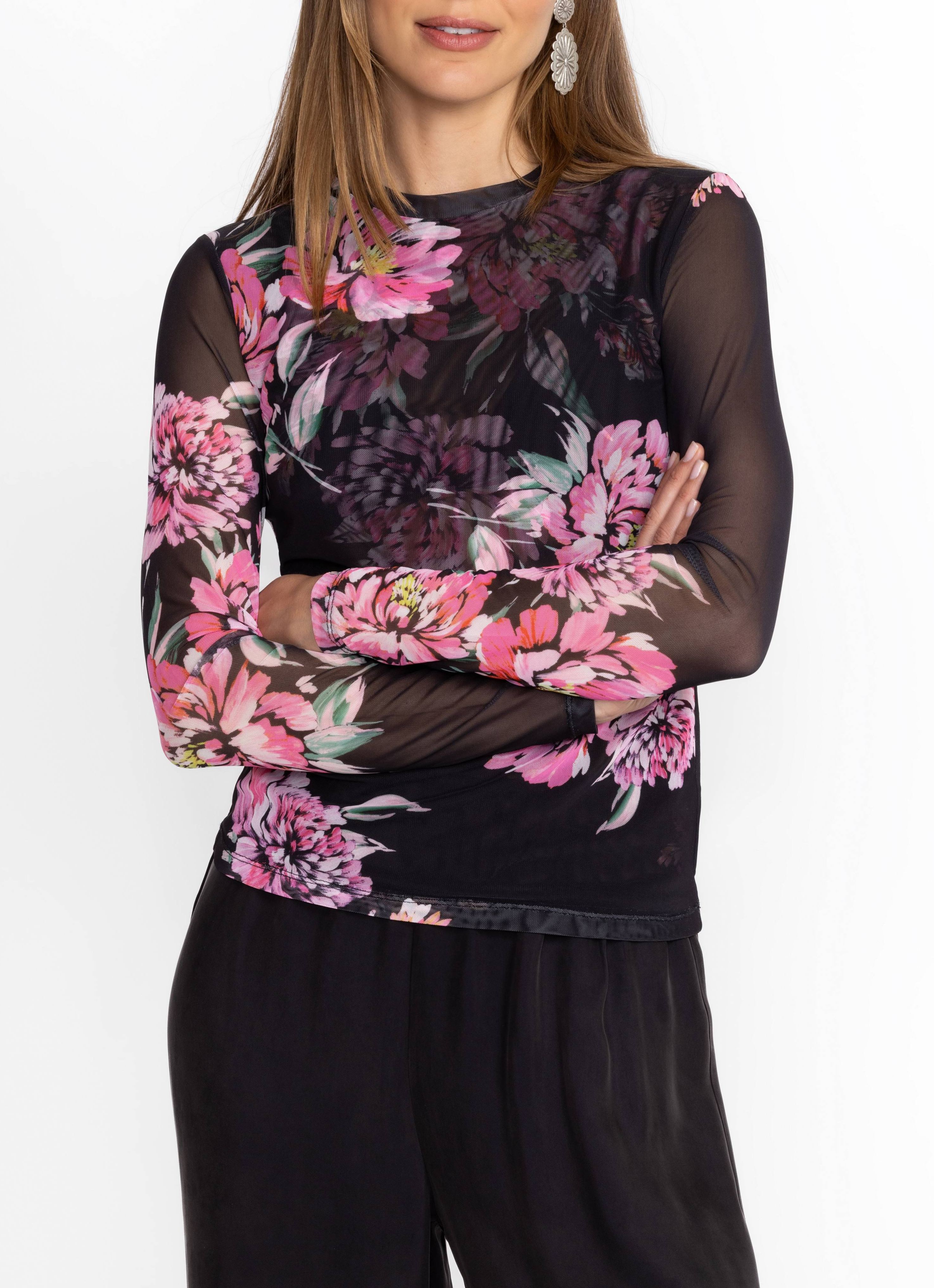 Women’s Floral Mesh Top Sheer Long Sleeve Printed Blouse Slim Fit Layering Shirt