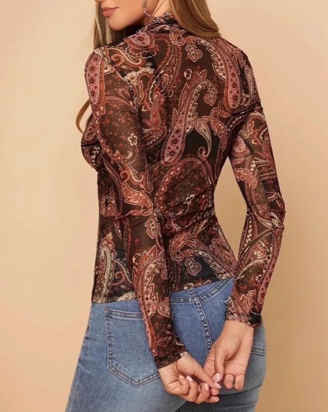 Floral Mesh Long Sleeve Top – Sheer Slim Fit Blouse with Elegant Print