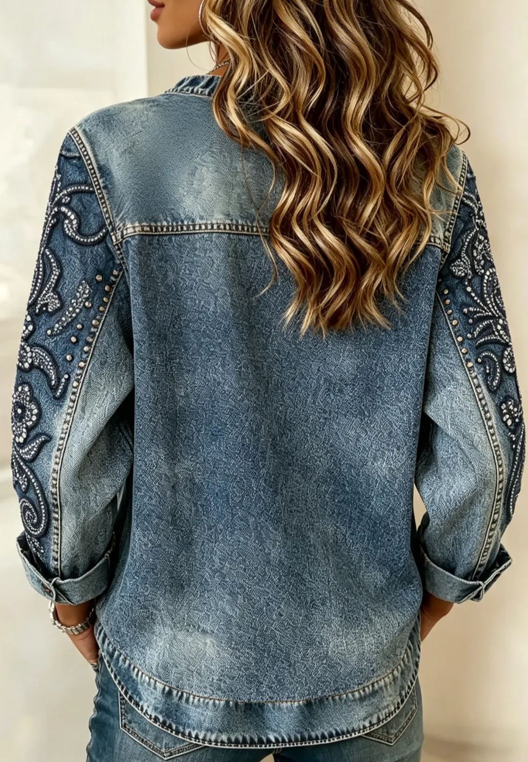 Women’s Vintage  Denim Patchwork Top, Casual Loose Fit Long Sleeve Round Neck Pullover Shirt