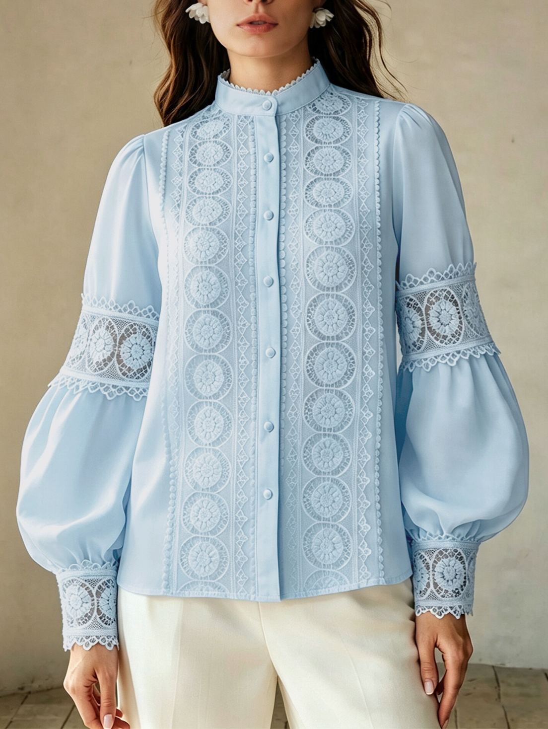 Women’s Lace Patchwork Stand Collar Puff Lantern Long Sleeve Button Down Blouse