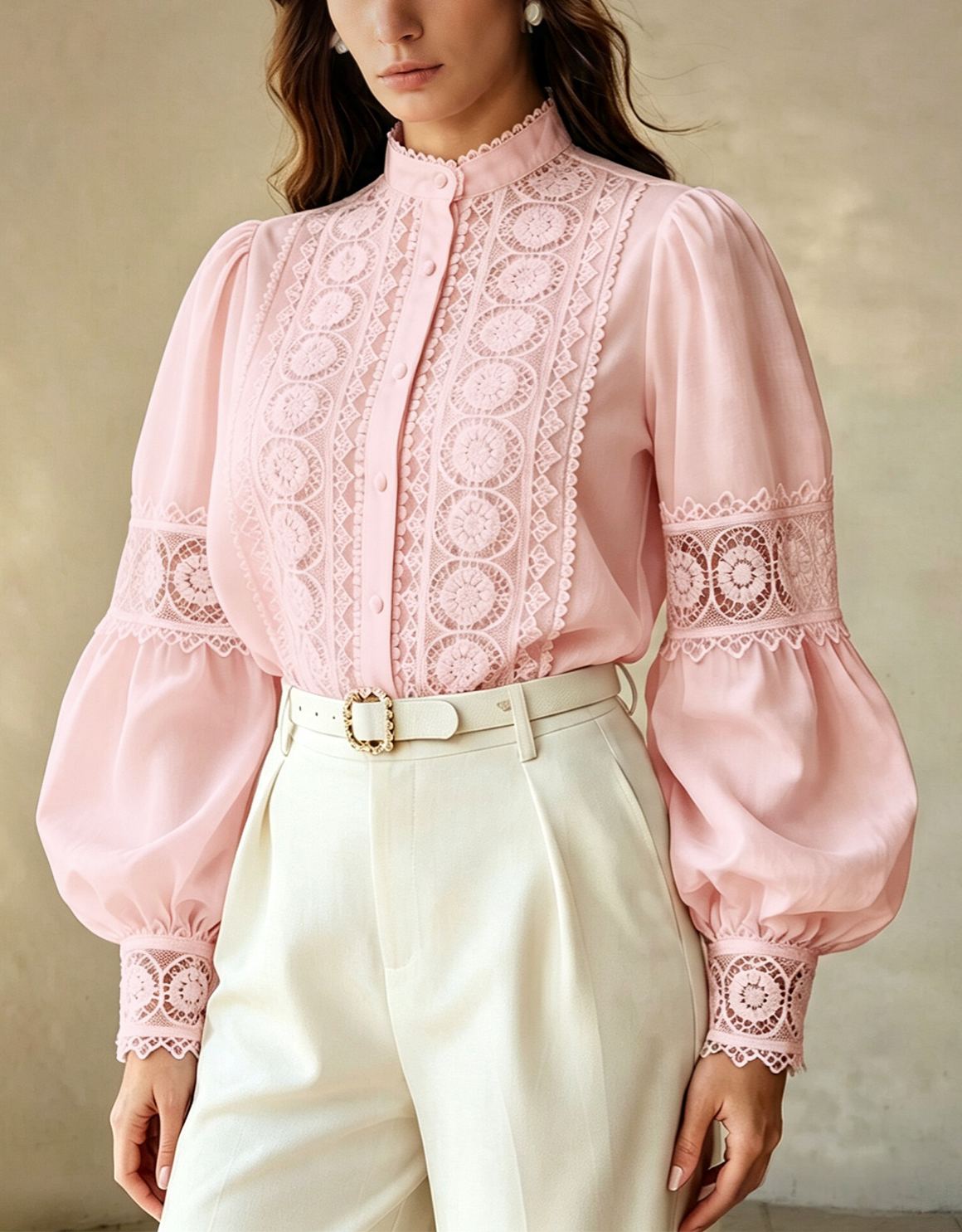 Women’s Lace Patchwork Stand Collar Puff Lantern Long Sleeve Button Down Blouse