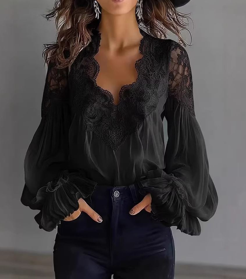 Lace V-Neck Lantern Sleeve Blouse