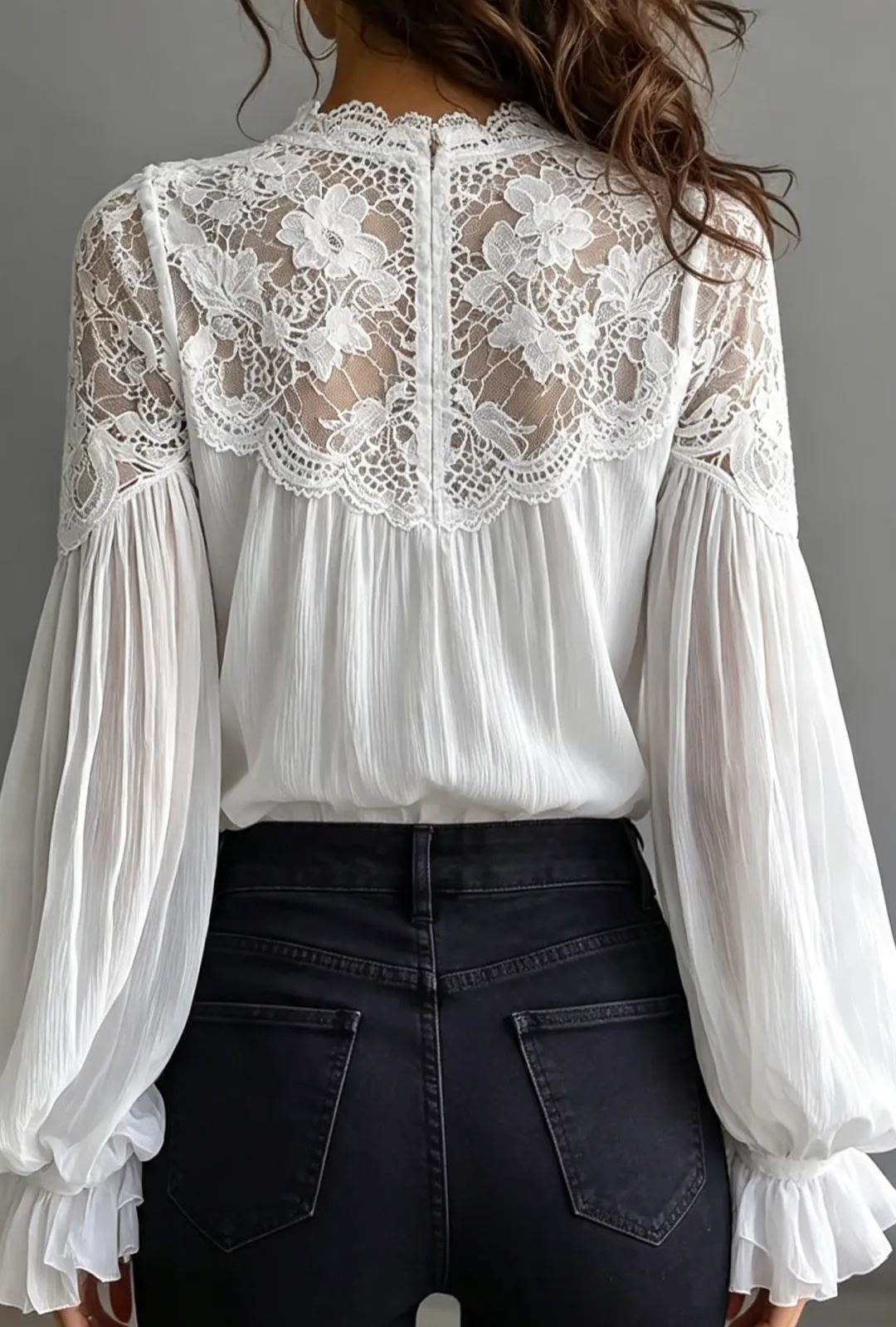 Lace V-Neck Lantern Sleeve Blouse