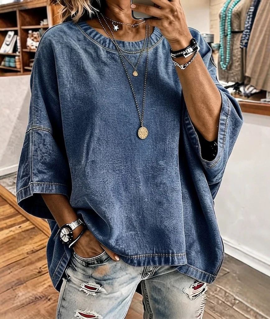 Washed Denim Round Neck Loose Short Sleeve Top