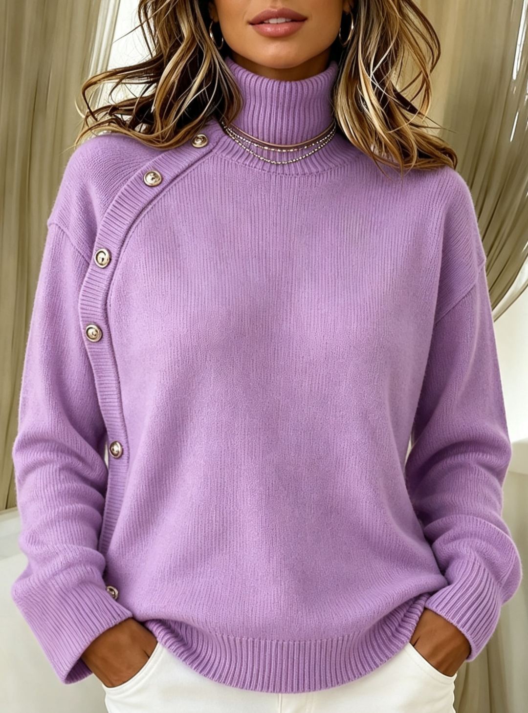 Decorative Button High Collar Knit Sweater