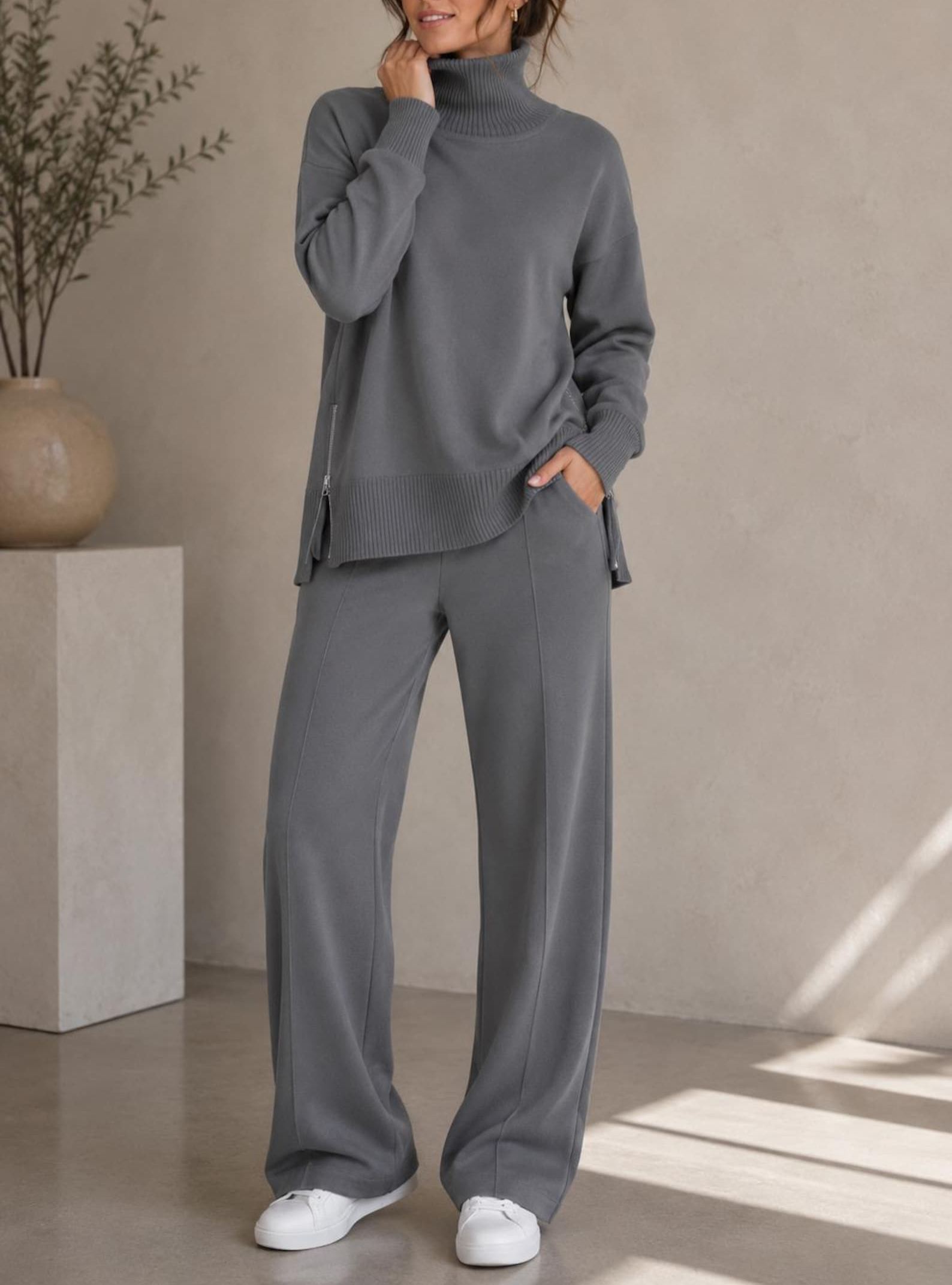 Women’s Turtleneck Sweater & Straight Leg Pants Set Knit Loungewear 2-Piece Outfit