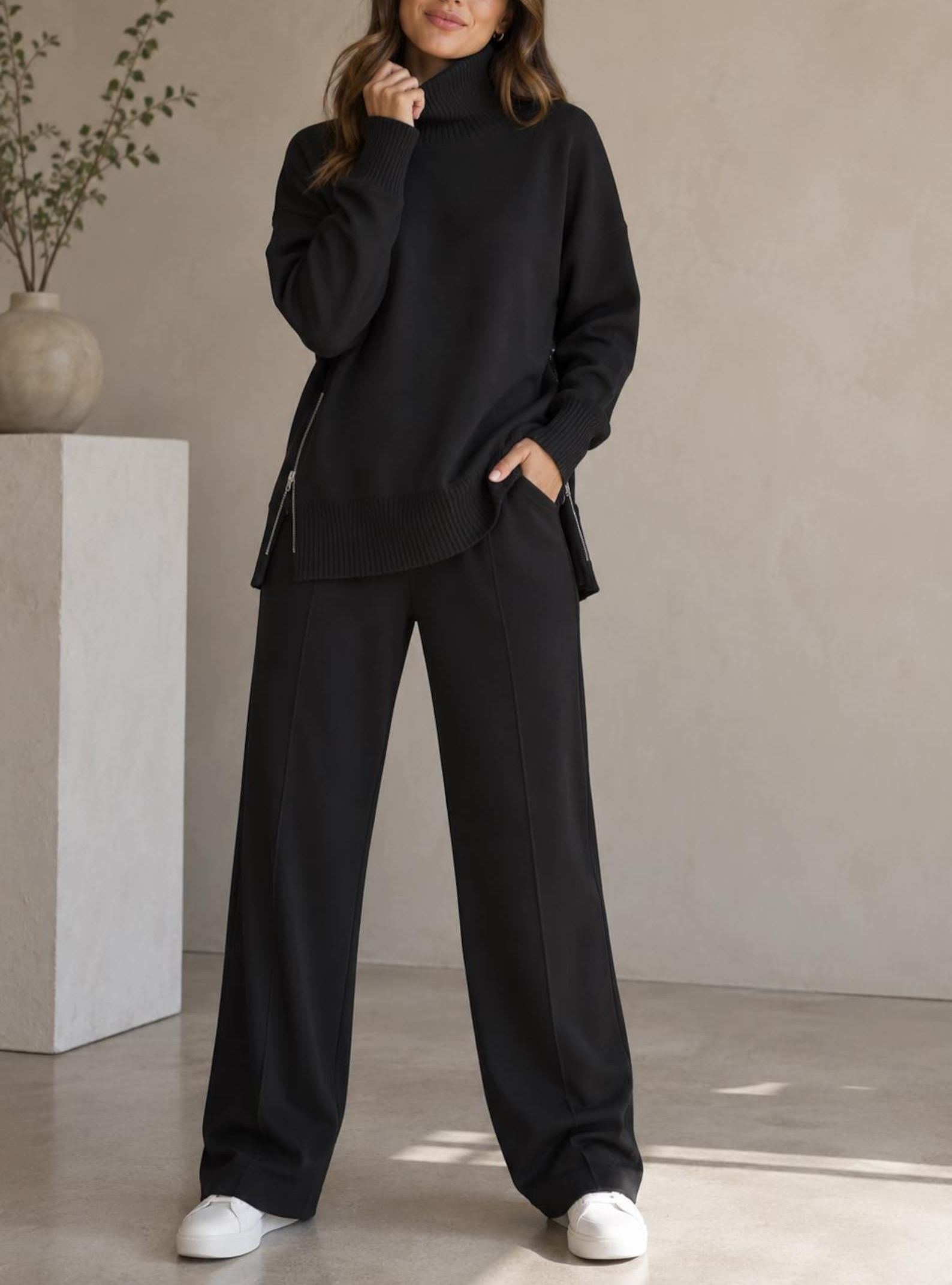 Women’s Turtleneck Sweater & Straight Leg Pants Set Knit Loungewear 2-Piece Outfit
