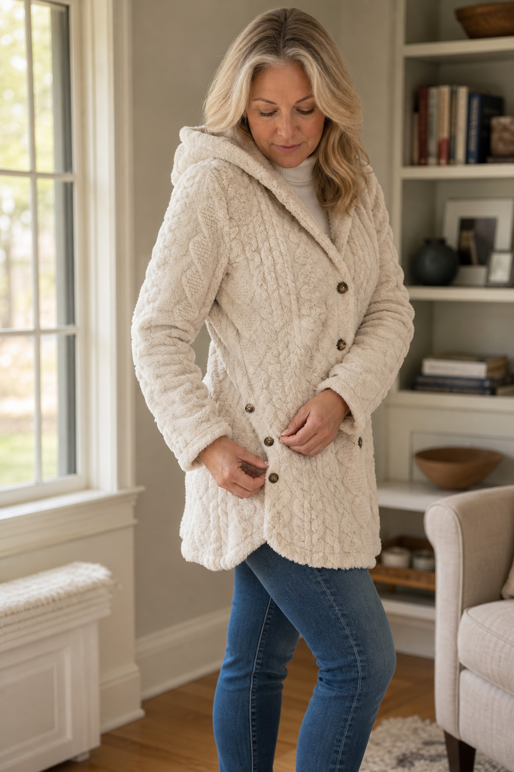 Cable-Knit Hooded Longline Coat