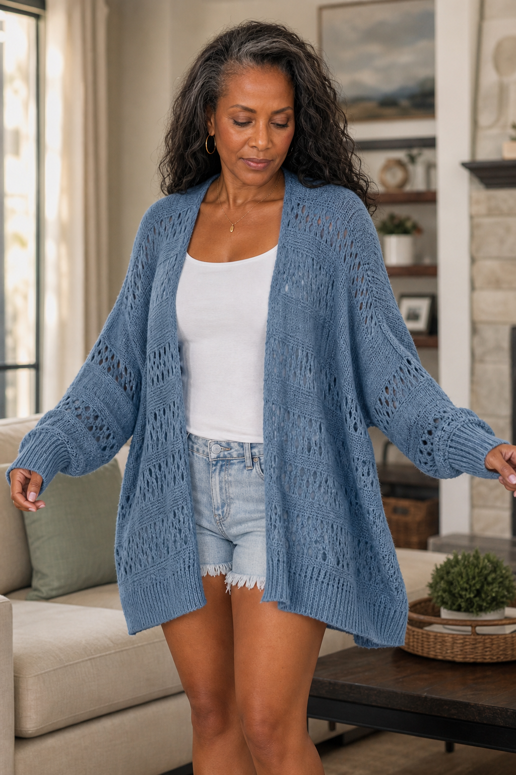  Pointelle Open-Front Batwing Cardigan