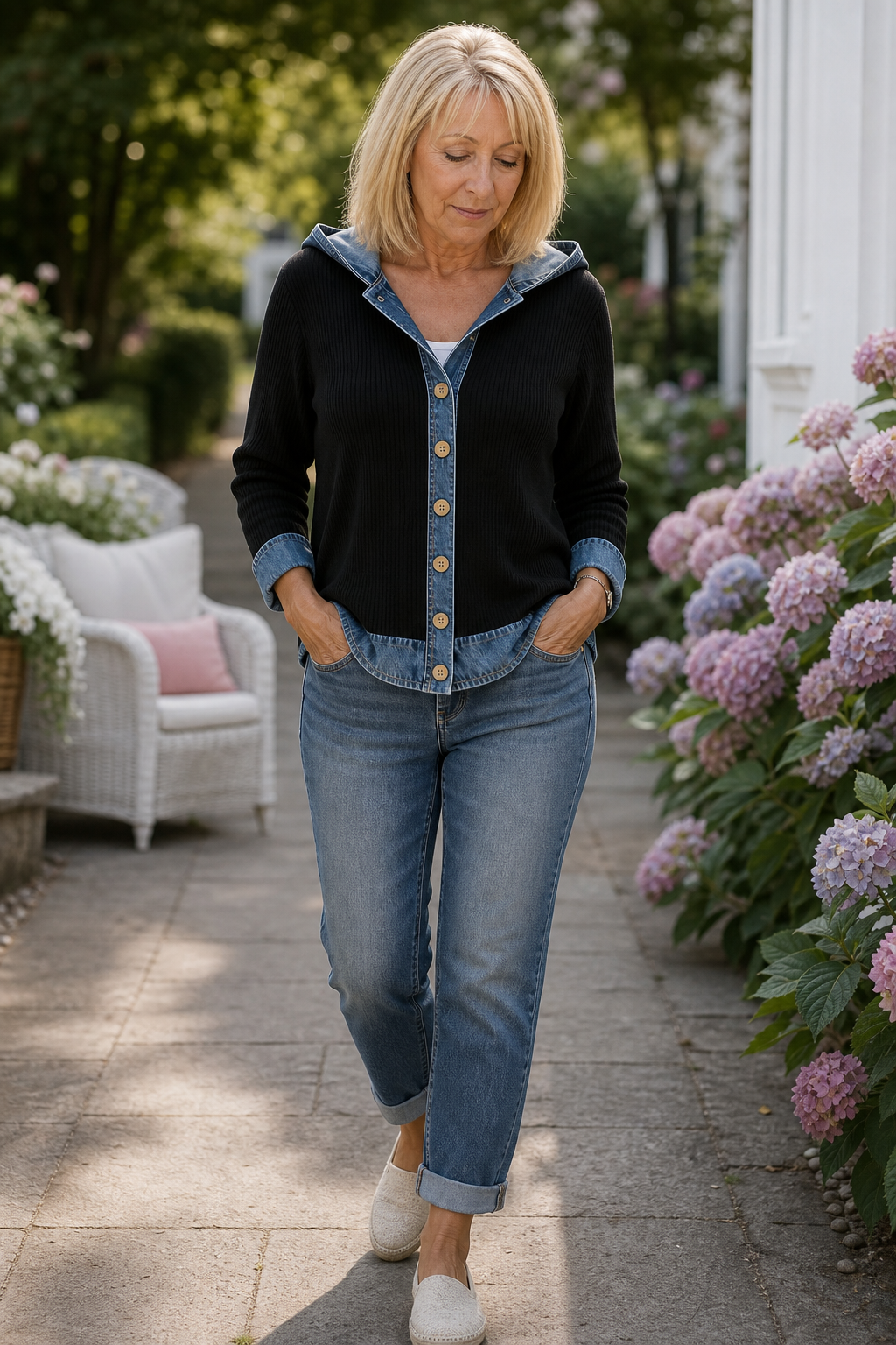 Denim-Look Patchwork Hooded Cardigan