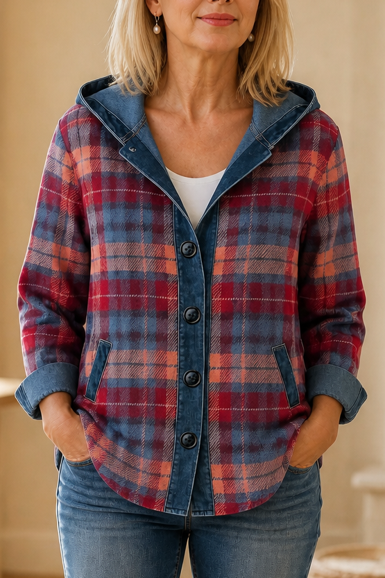 Denim-Look Patchwork Hooded Cardigan