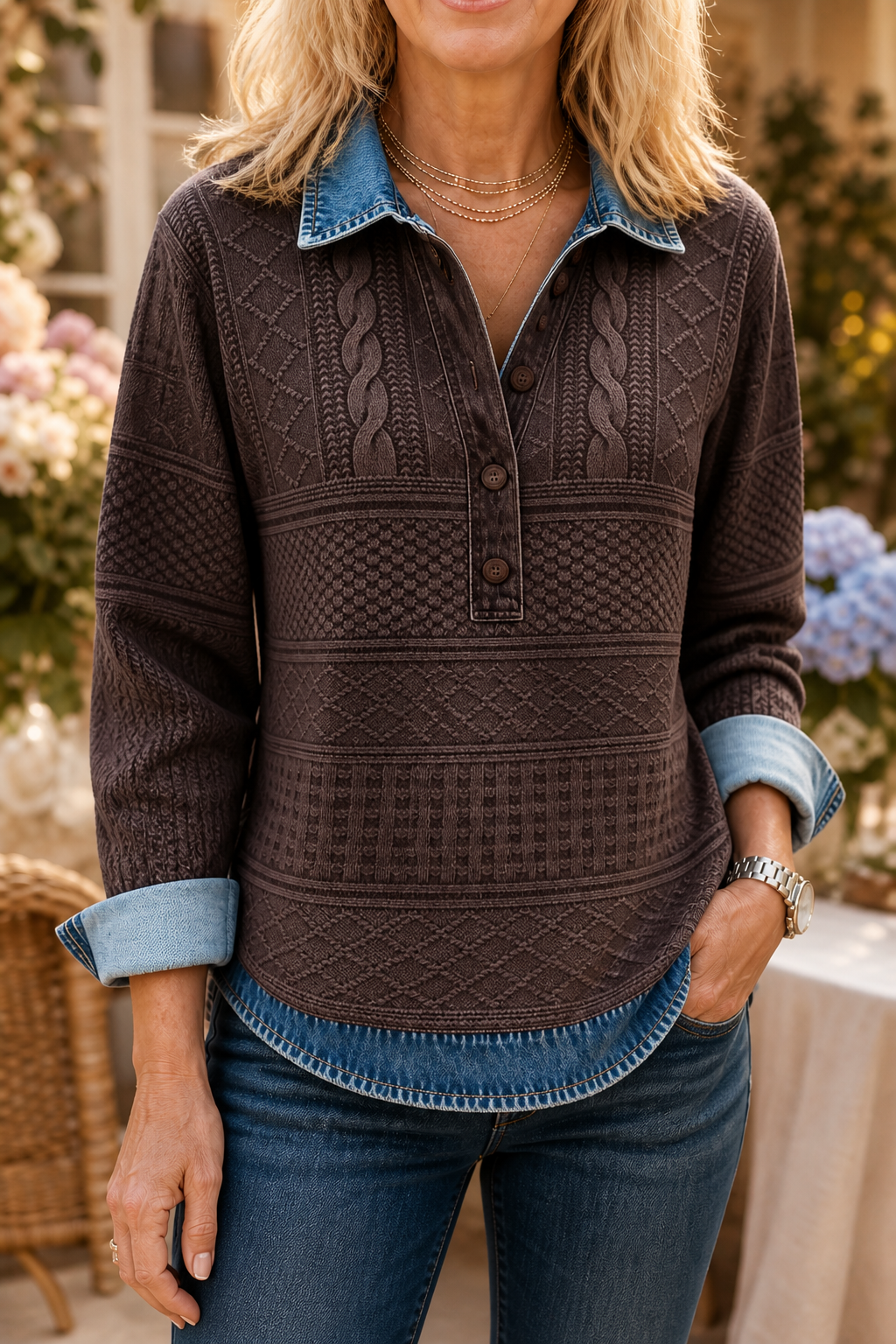 Denim Patchwork Textured Knit Blouse