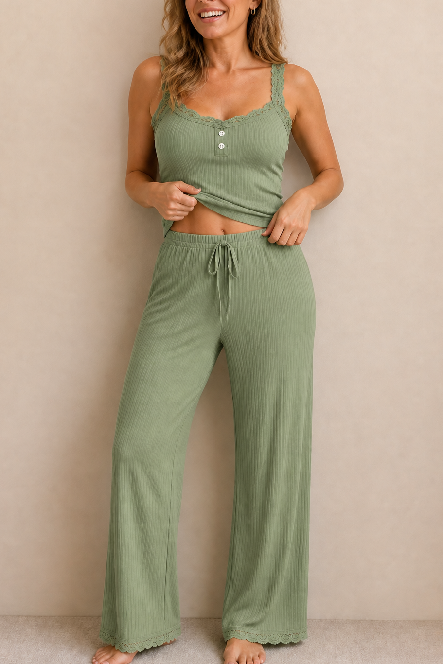  Ribbed Lace-Look Trim Two-Piece Lounge Set