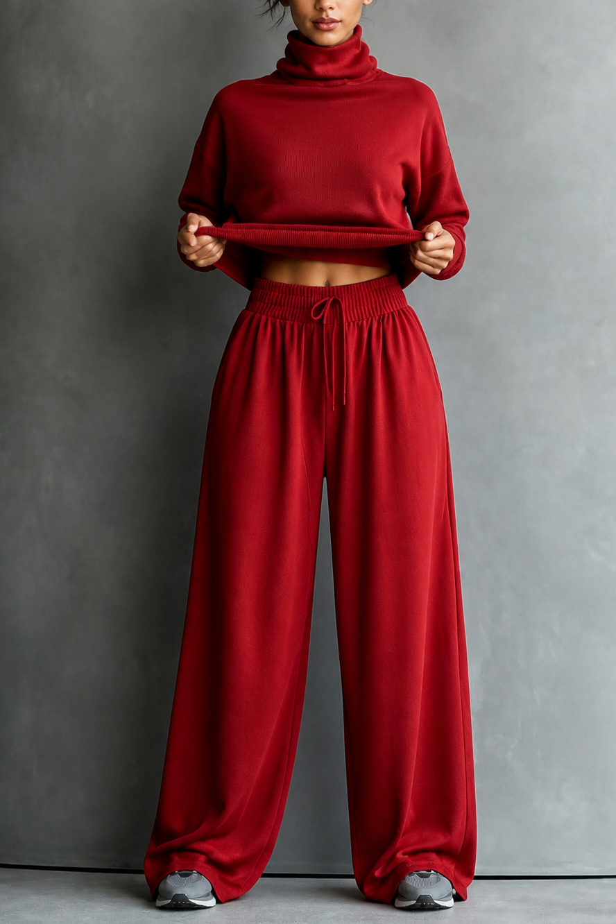  Turtleneck Top And Wide-Leg Pants Set