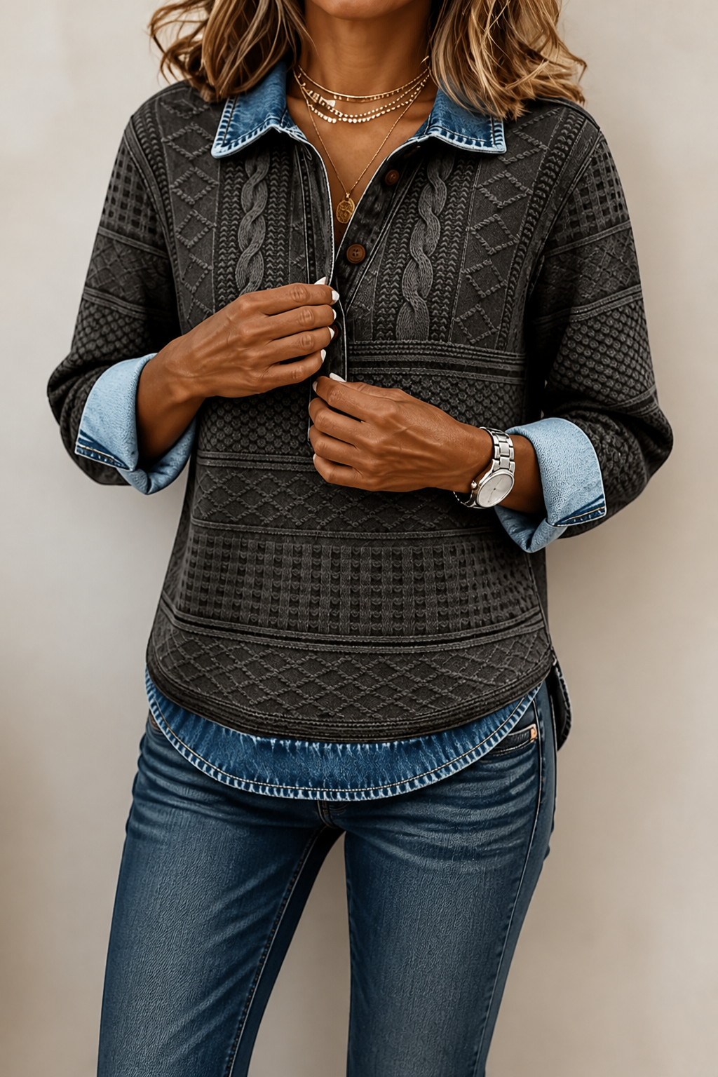 Denim Patchwork Textured Knit Blouse