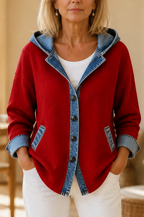 Denim-Look Patchwork Hooded Cardigan