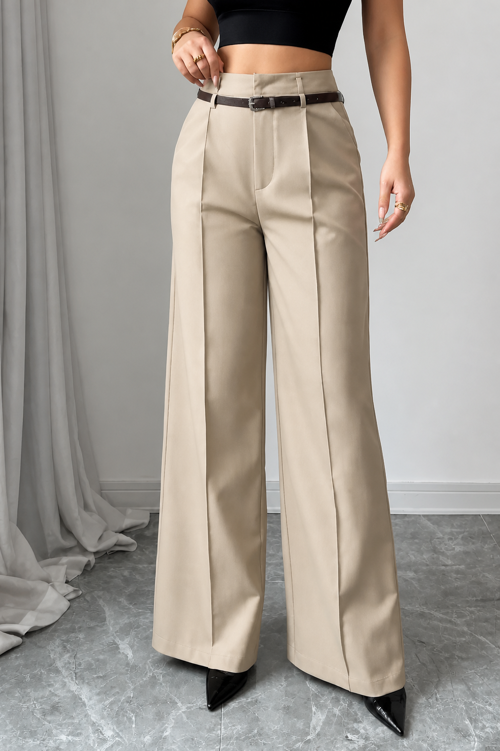 High-Waisted Wide-Leg Trousers With Belt