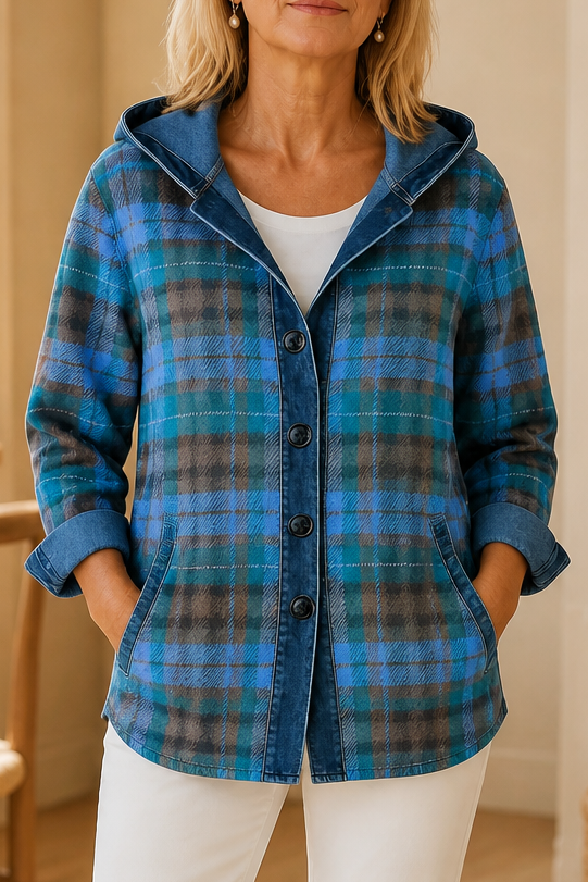 Denim-Look Patchwork Hooded Cardigan