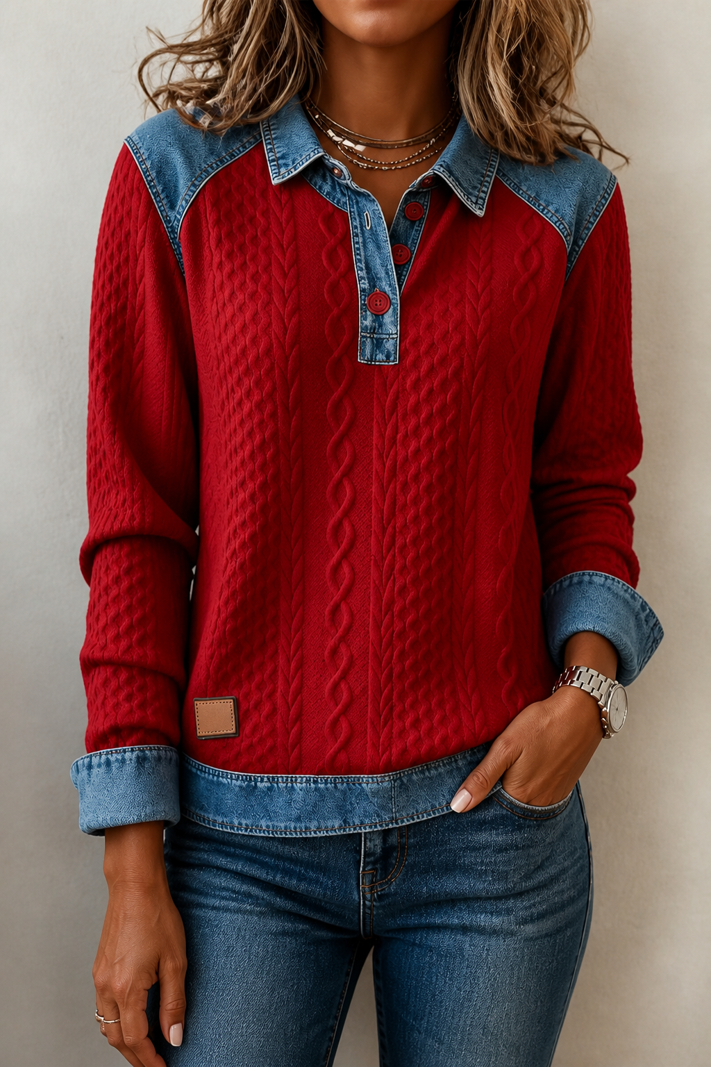 Denim Patchwork Textured Knit Blouse