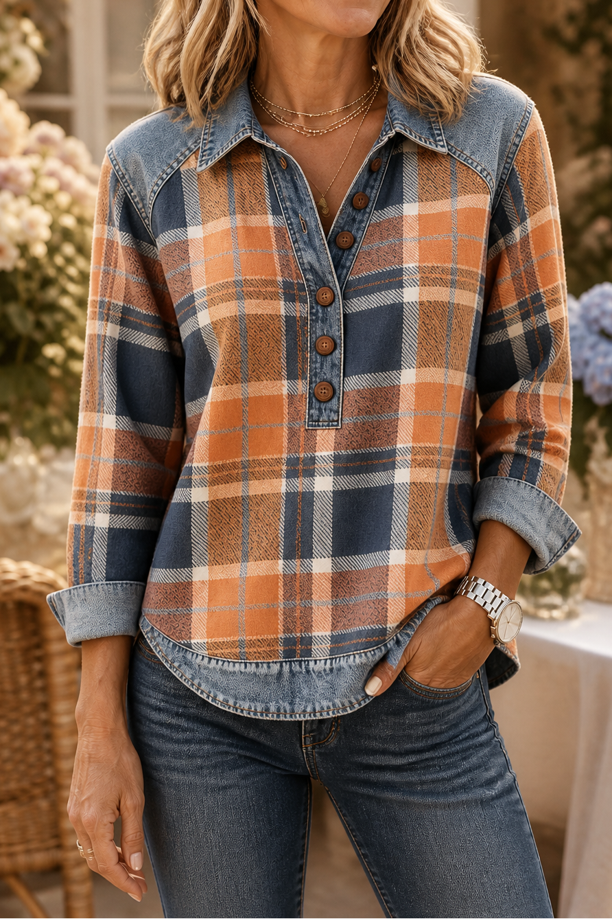 Denim Patchwork Textured Knit Blouse