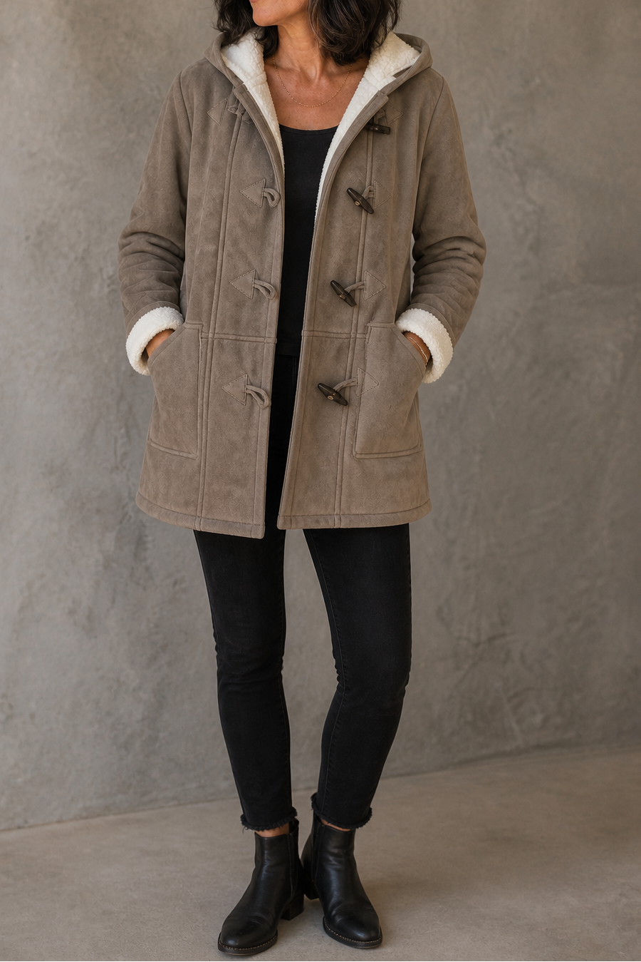 Hooded Faux Suede Coat With Plush Lining