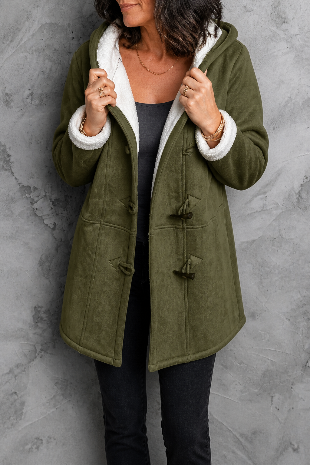 Hooded Faux Suede Coat With Plush Lining