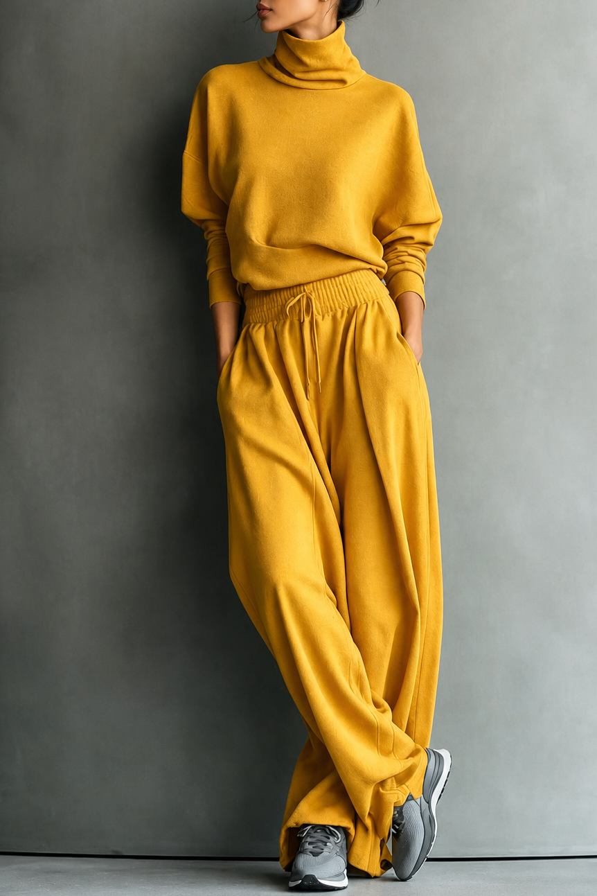  Turtleneck Top And Wide-Leg Pants Set