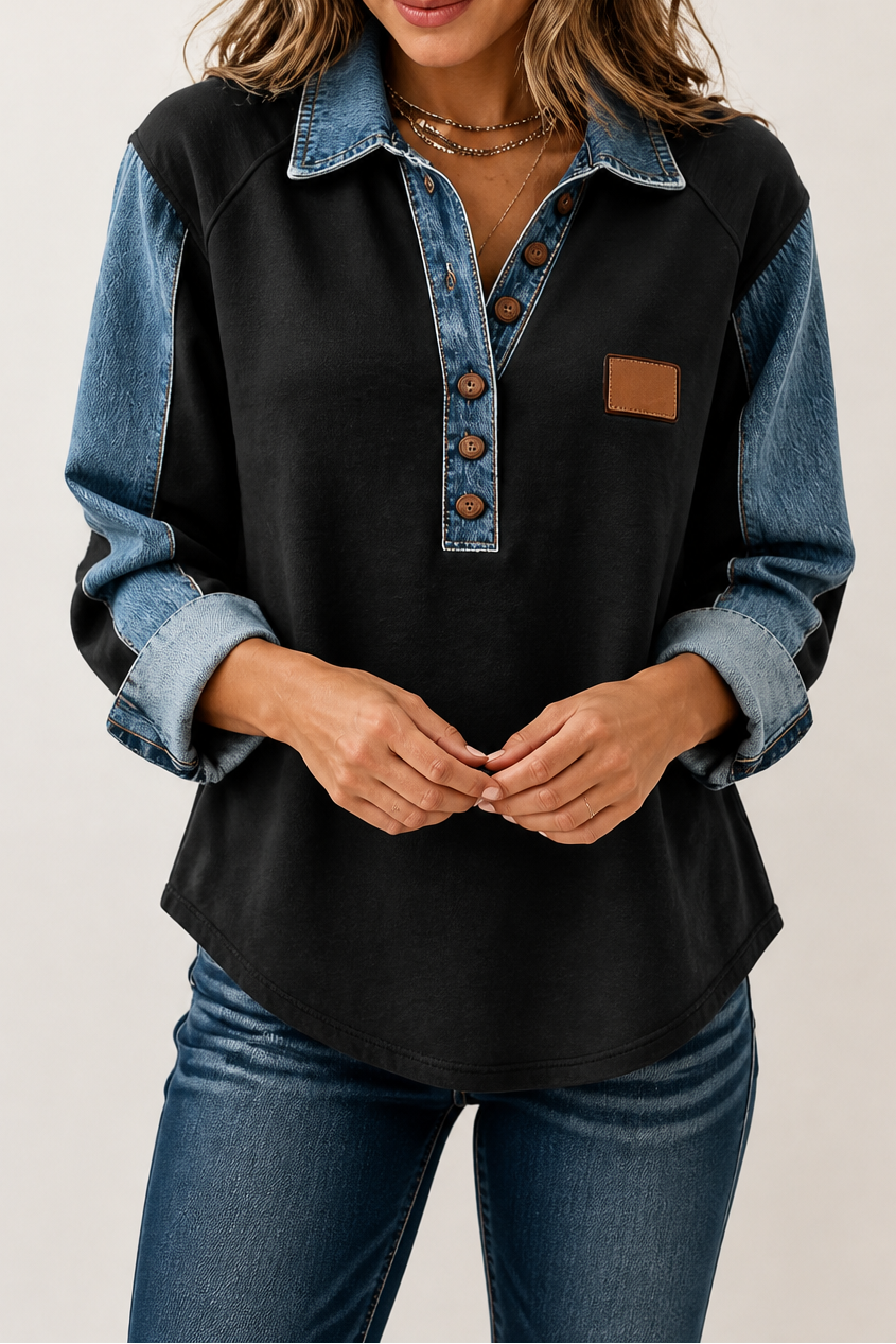 Denim Patchwork Textured Knit Blouse