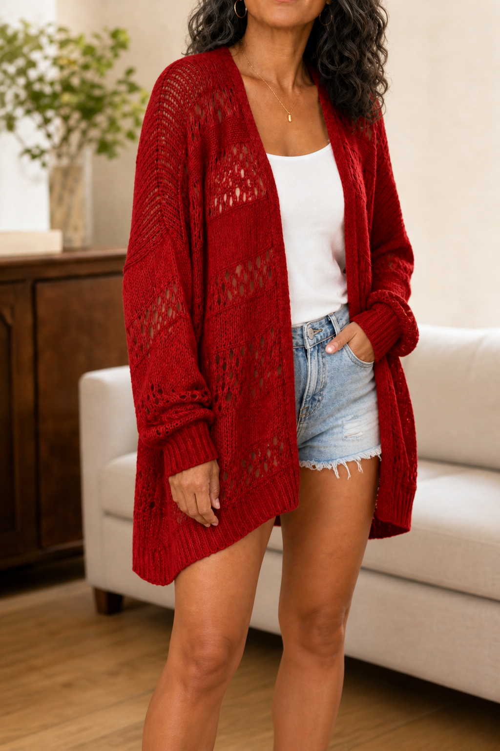  Pointelle Open-Front Batwing Cardigan