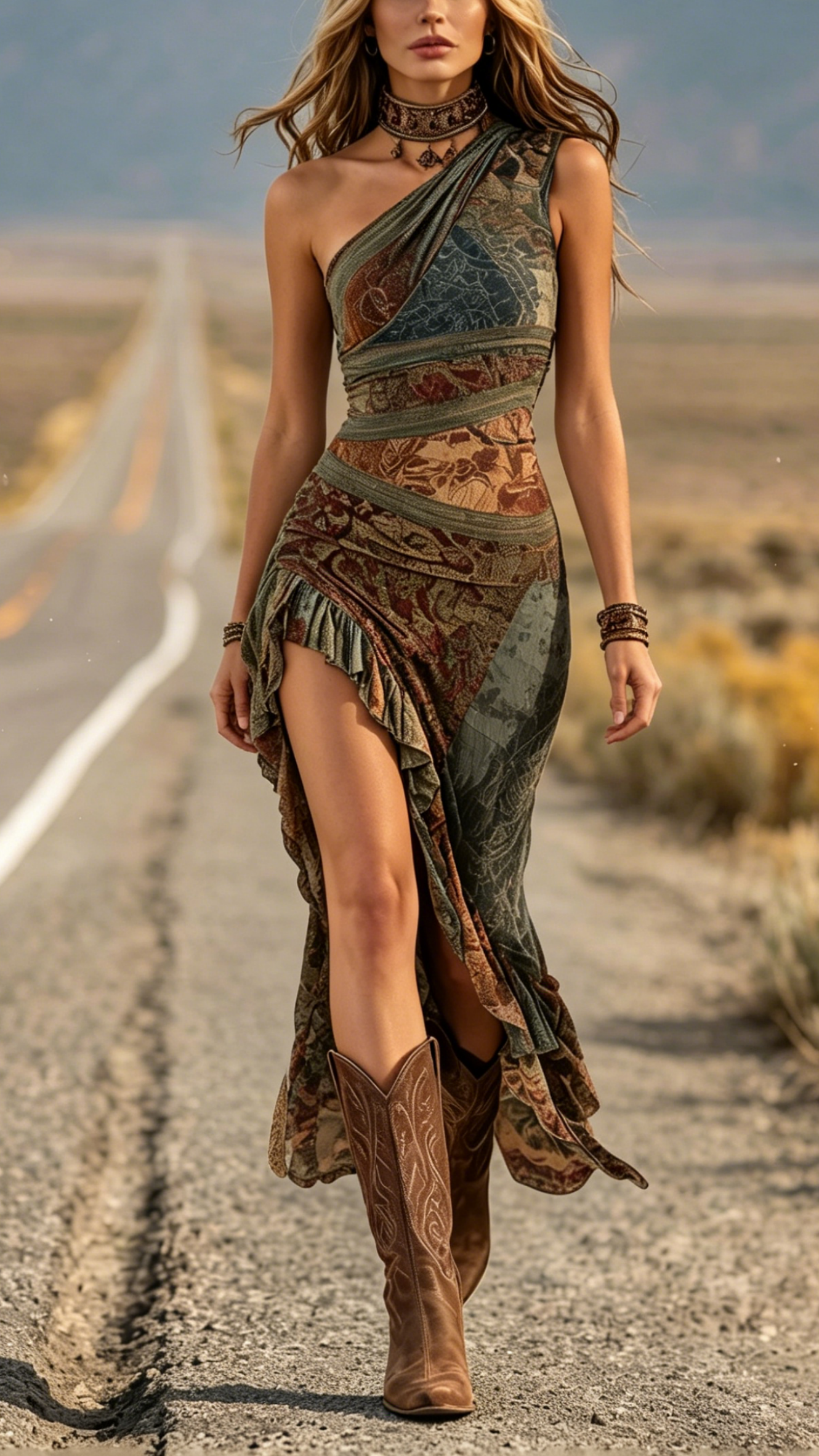 Women's Vintage-Style Spliced ​​Print Maxi Dress with Asymmetrical Ruffled Hem