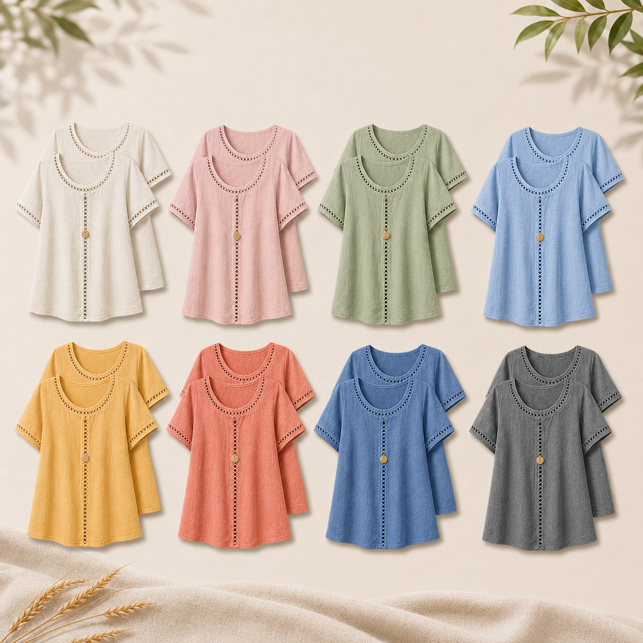 Linen-Look Openwork Trim Short Sleeve Blouse Set