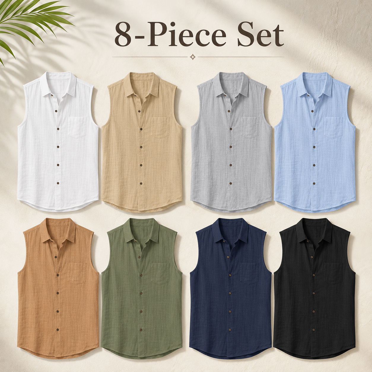 Men's sleeveless button-up shirt and shorts mixed 8-pack