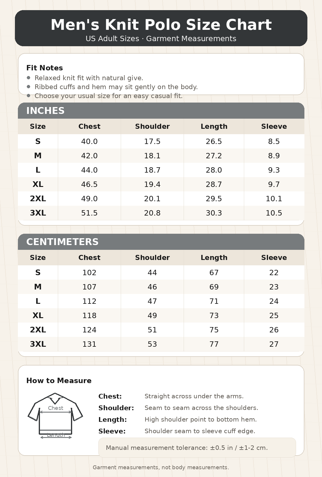 Men's knit polo size chart