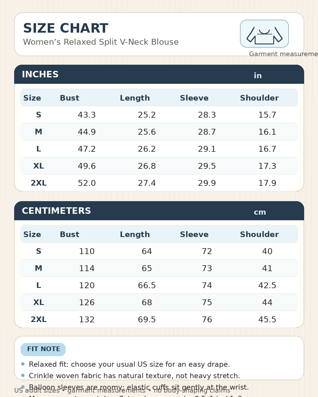 Size chart for relaxed split V-neck crinkle blouse