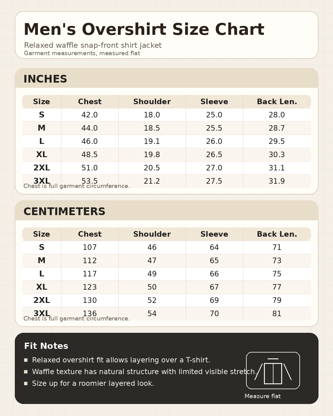 Men's waffle snap-front overshirt size chart