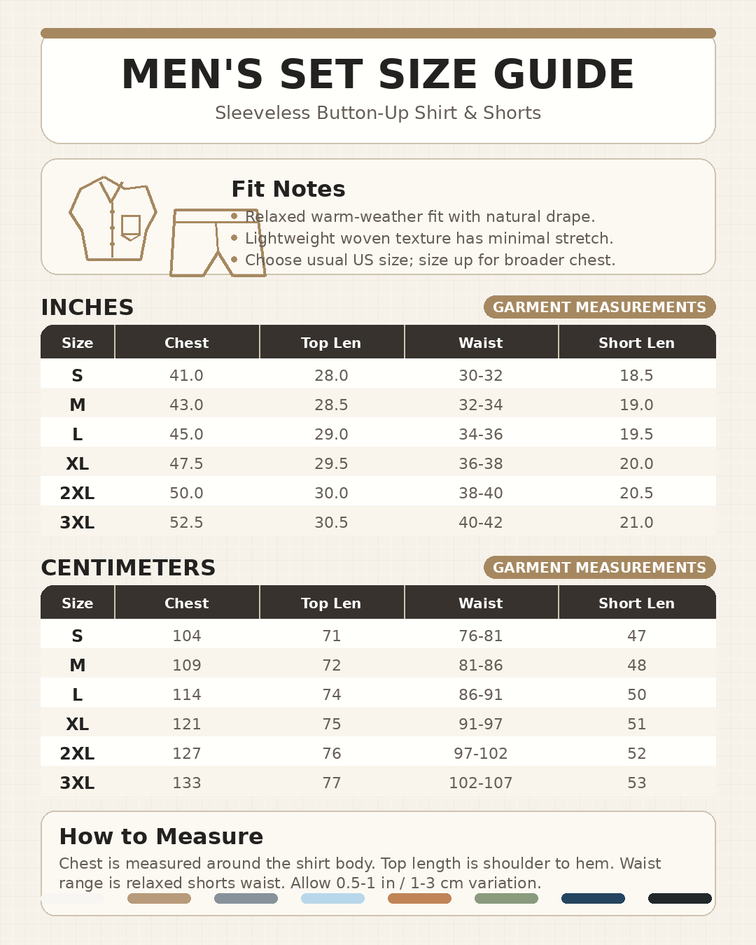 Men's sleeveless button-up shirt and shorts set size guide