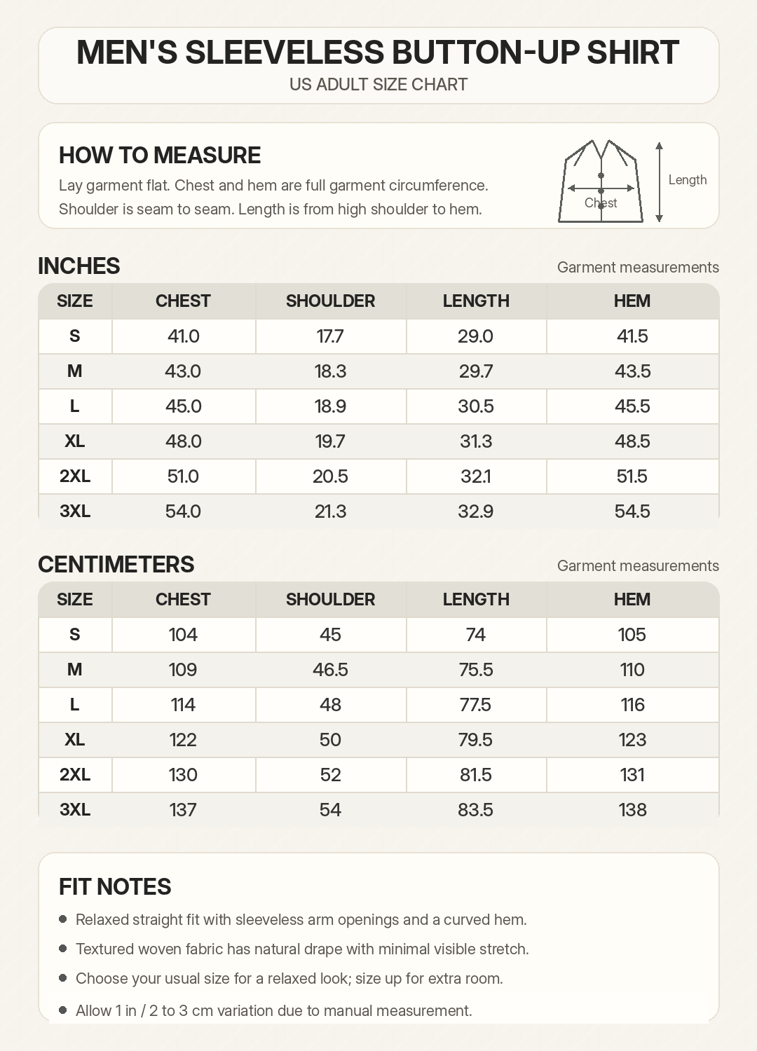 Men textured sleeveless button up shirt size chart