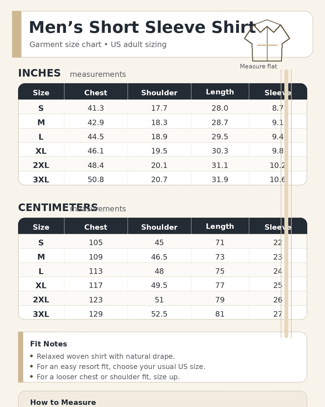 Men’s short sleeve shirt size chart
