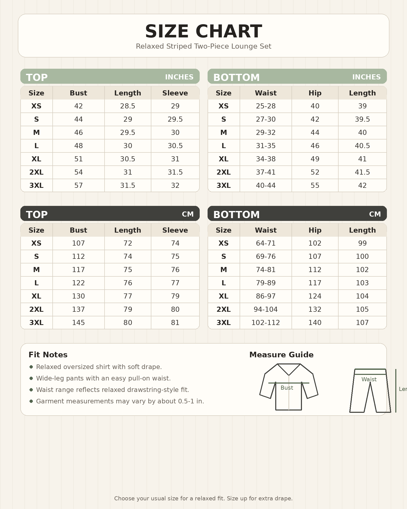 Size chart for relaxed striped two-piece lounge set