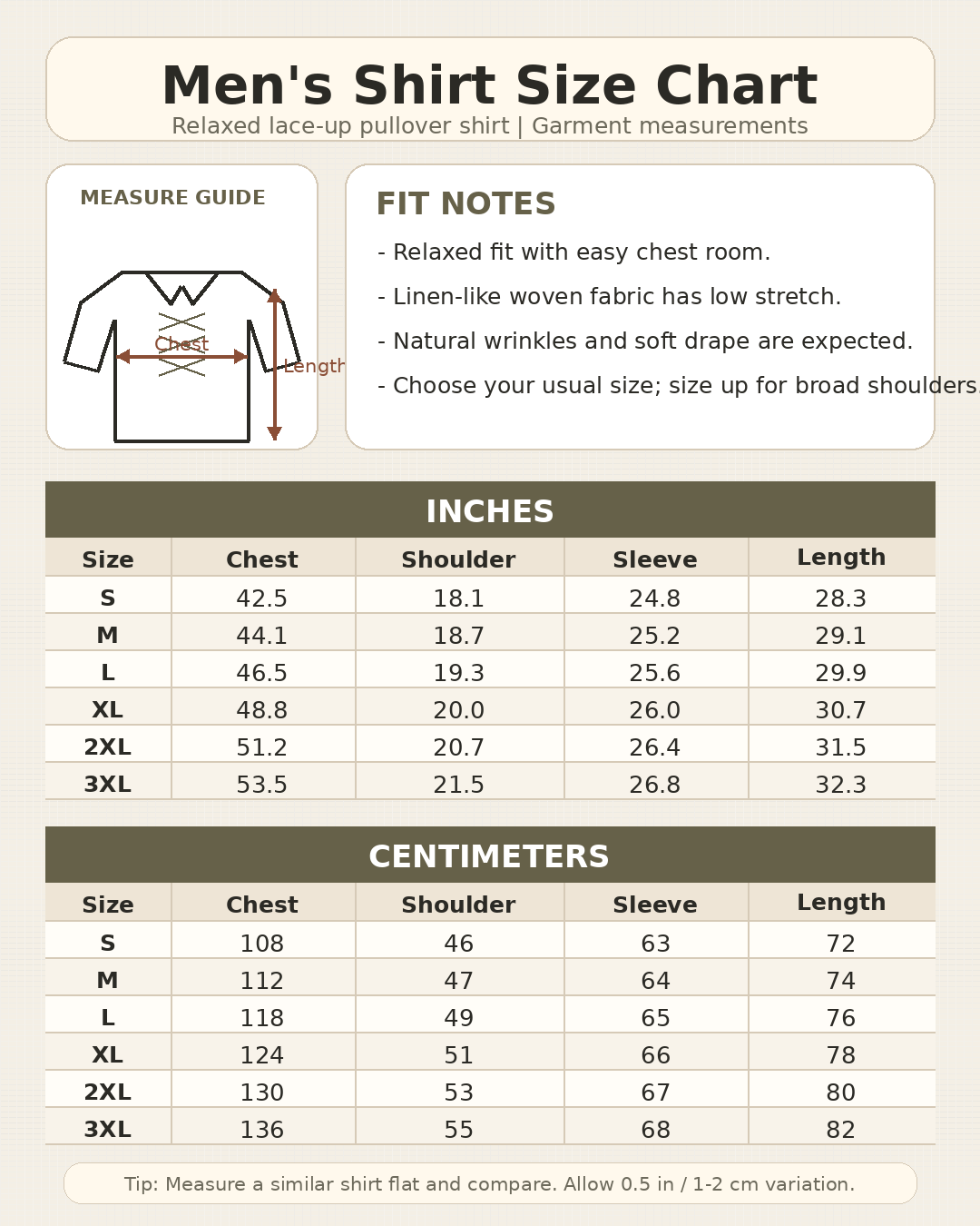 Mens lace up textured shirt size chart