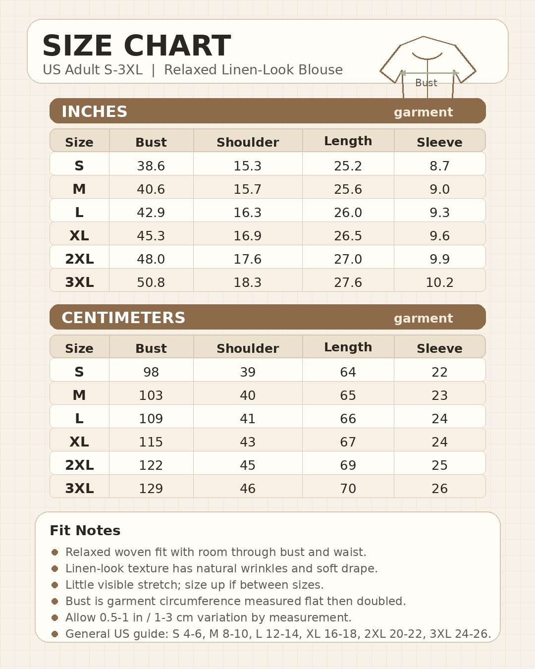 size chart for relaxed linen-look openwork blouse