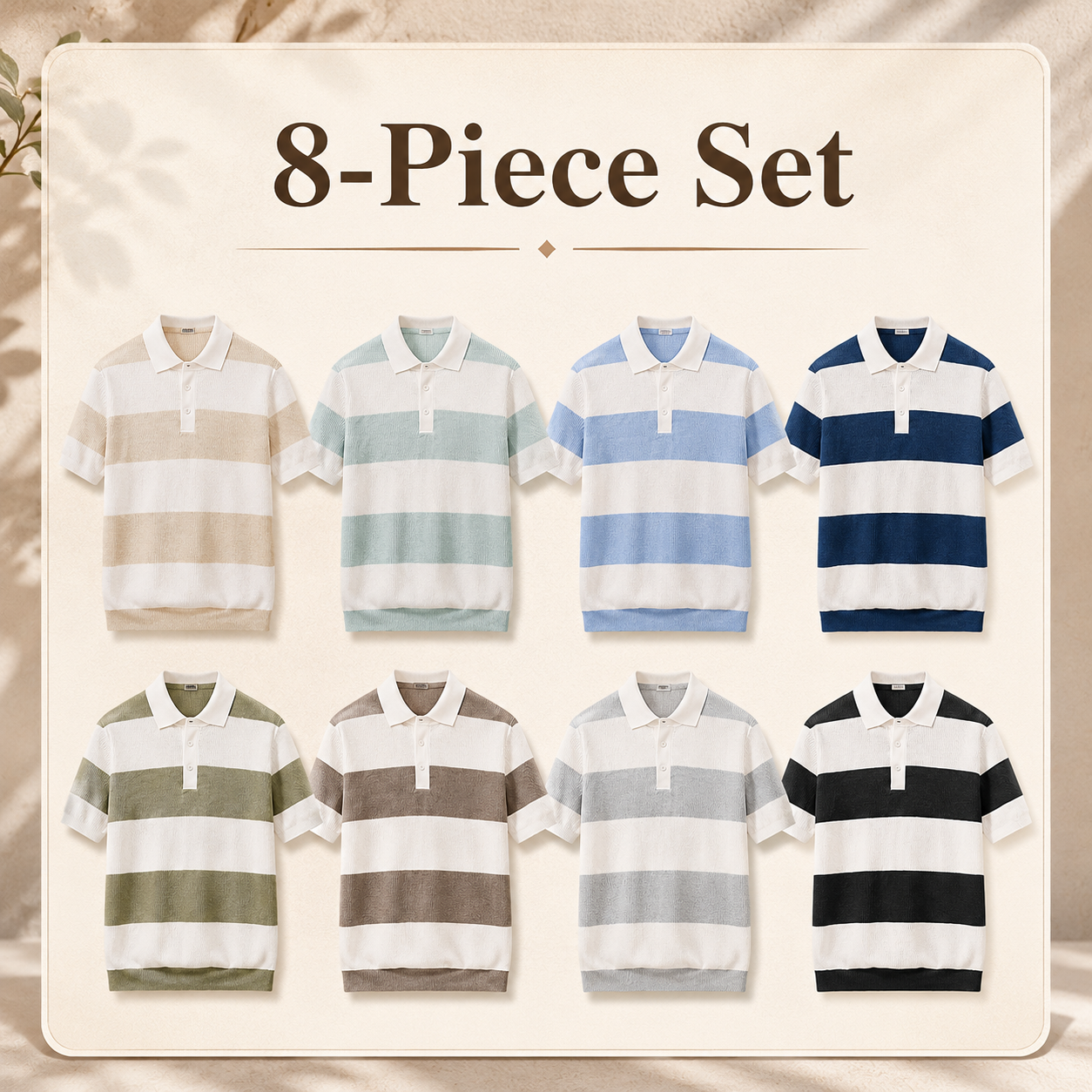Men's striped ribbed knit polo mixed 8-piece set