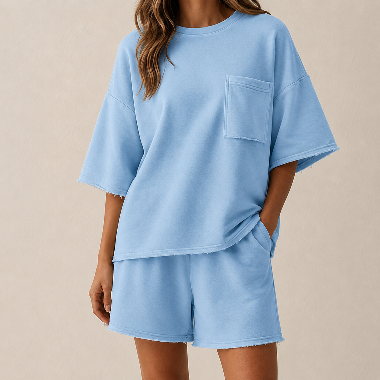 Sky Blue oversized short sleeve lounge set model image