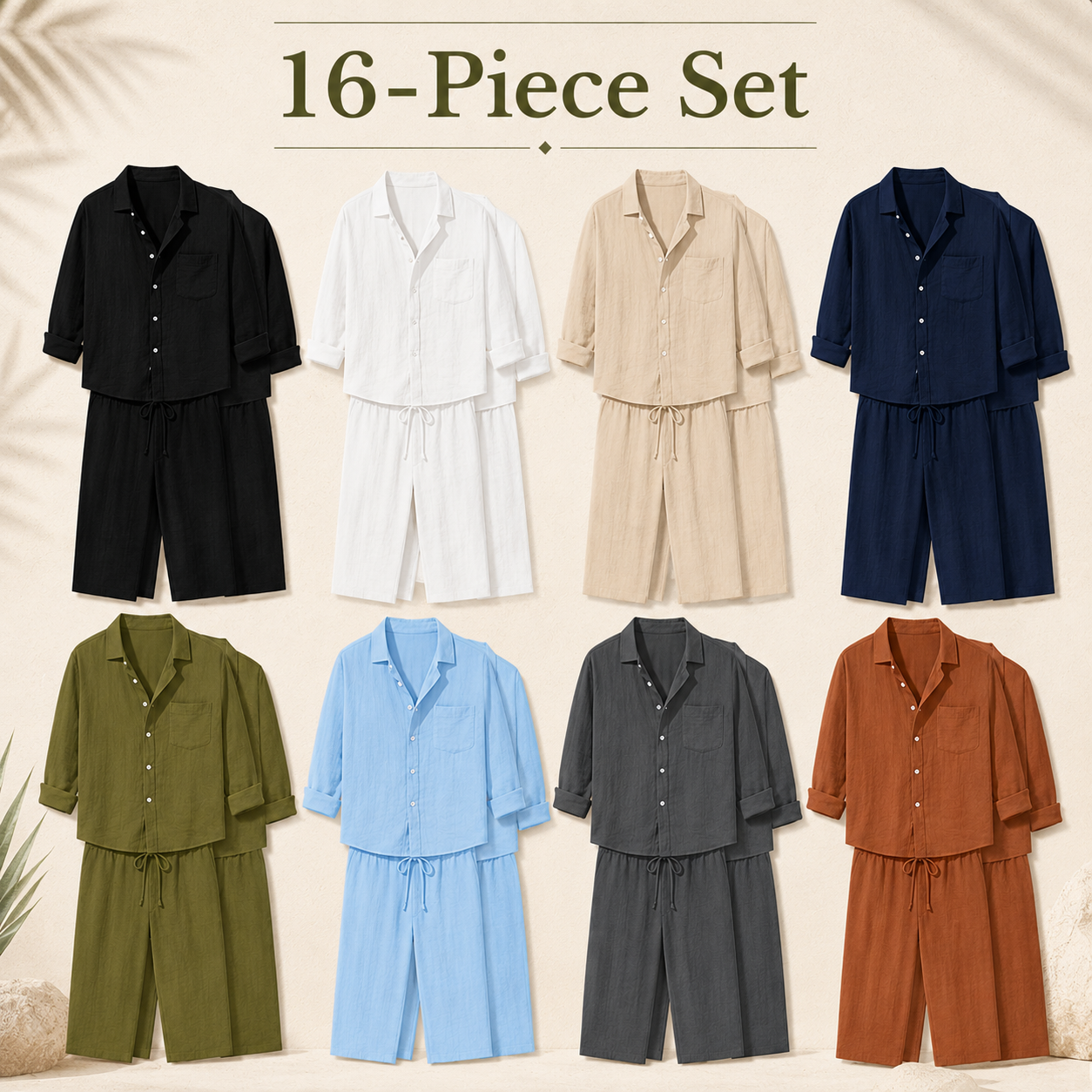 Mixed 16-Pack men's textured resort shirt and pants set