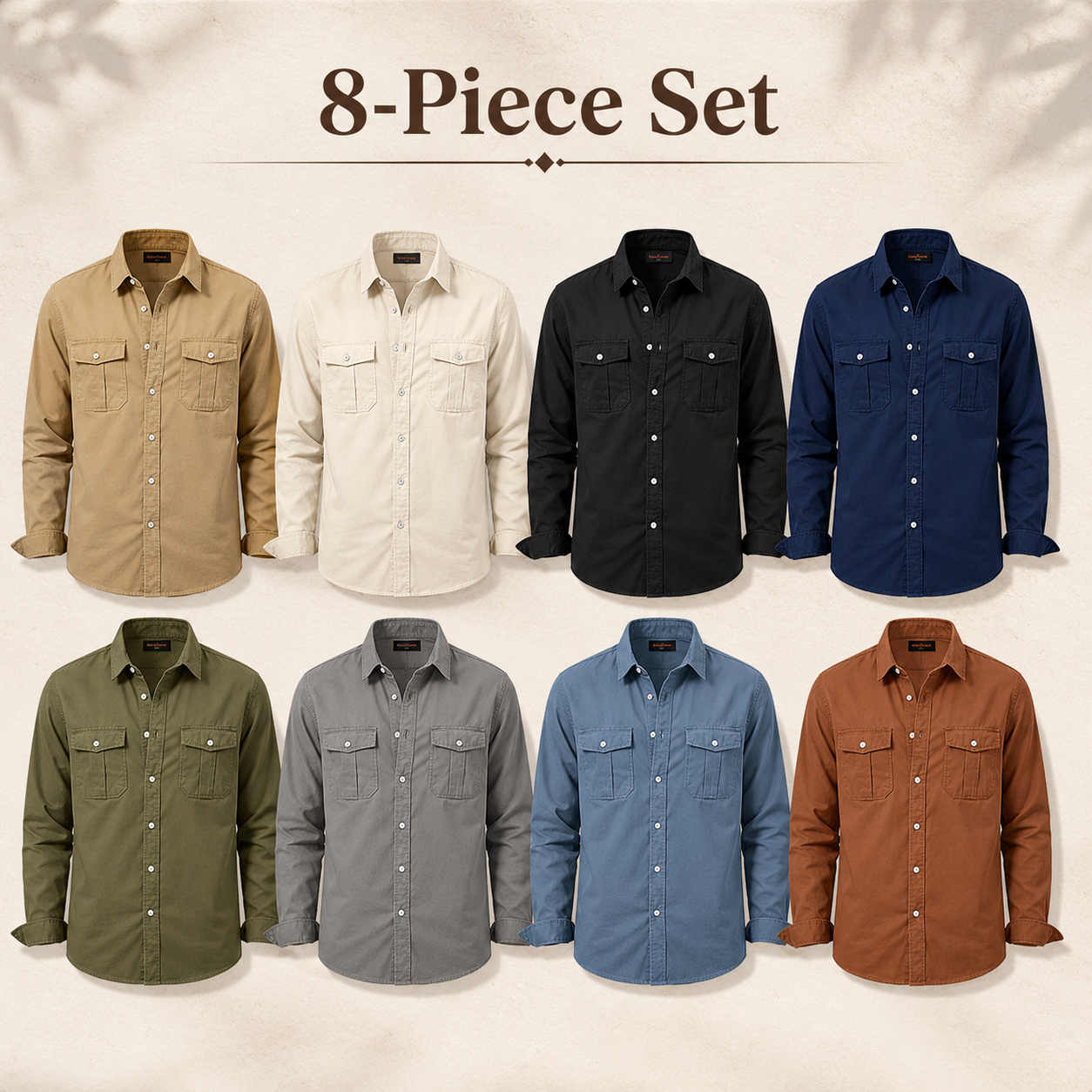 Mens utility shirt mixed 8 pack in khaki ivory black navy olive stone slate and clay