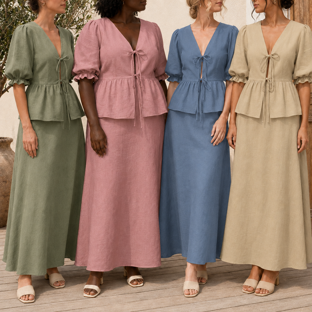 Four adult models wearing tie front puff sleeve top and maxi skirt in soft color options